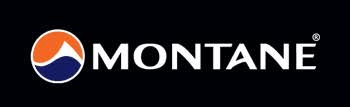 Montane logo, with a black background, white text and a circle logo which is half blue and half orange